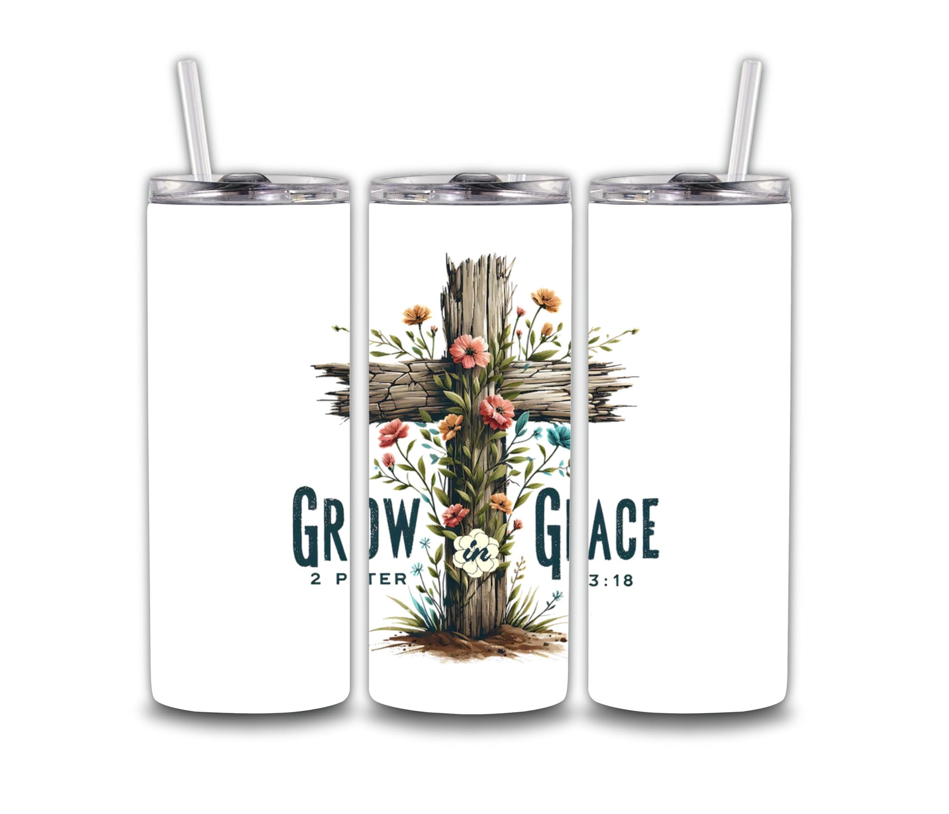 Grow in Grace Religious 20 oz Stainless Steel Tumbler with Lid and Straw, White Floral Cross Design