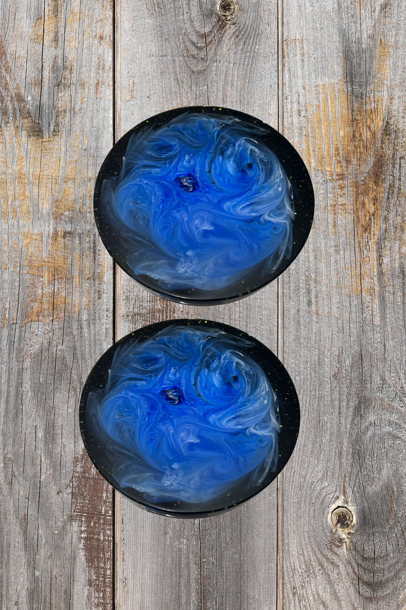 Handmade Epoxy Coaster, Set of 2 Epoxy Coasters, Blue Swirls on Black Coasters