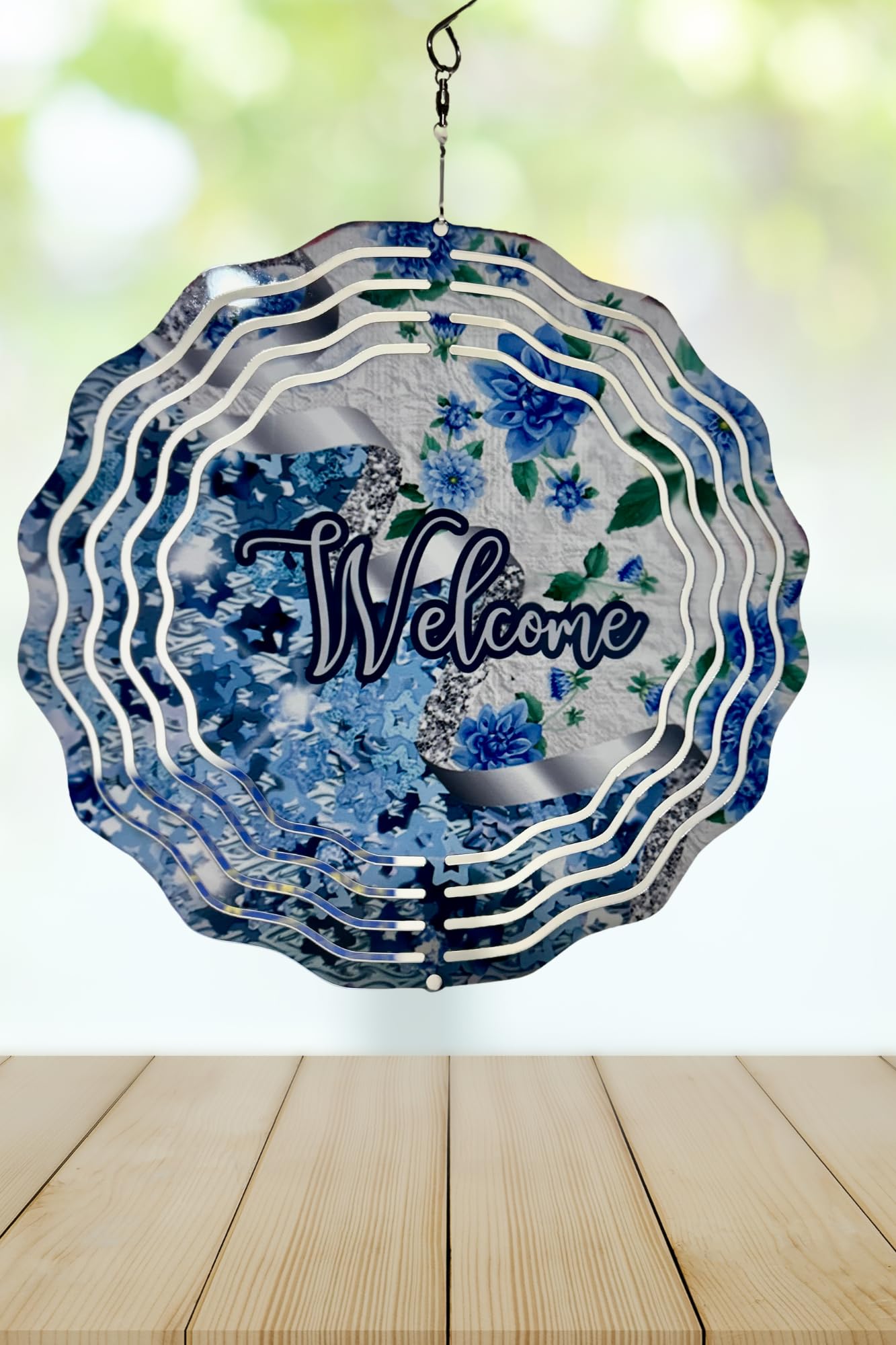 8 Inch Wind Spinner, Blue Floral Design, Outdoor Metal Garden Decor, Garden Spinner, Outdoor Art, Sunflower Wind Spinner