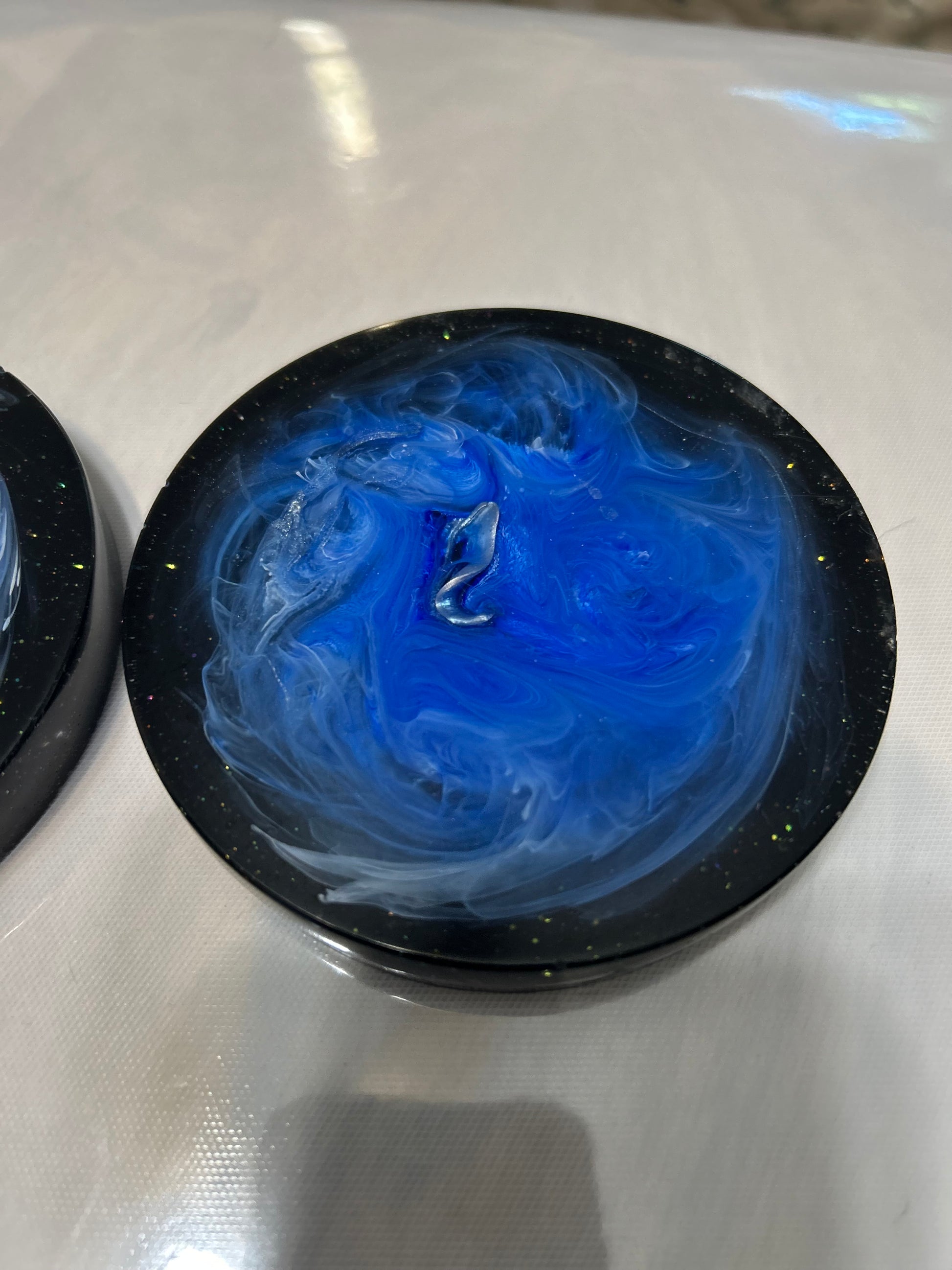 Handmade Epoxy Coaster, Set of 2 Epoxy Coasters, Blue Swirls on Black Coasters